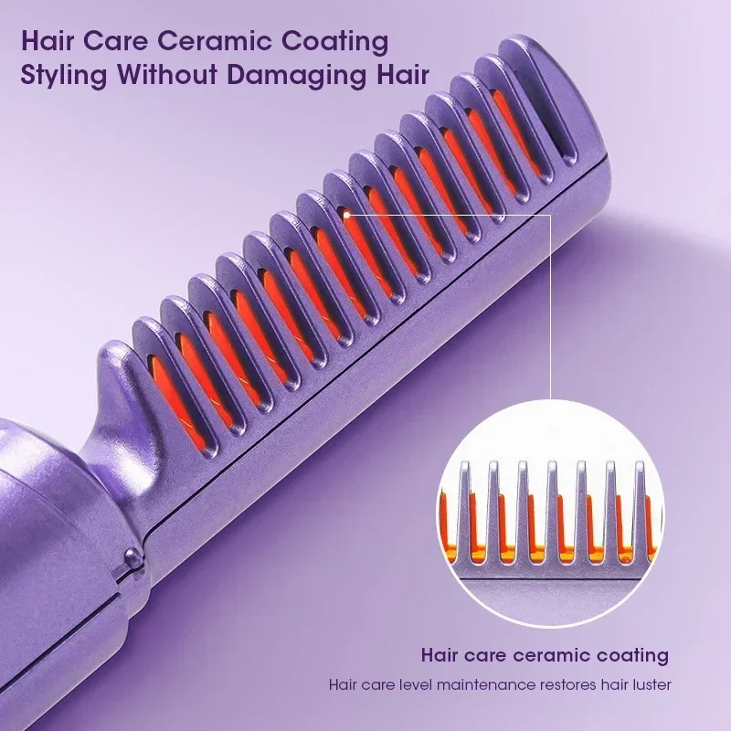 (image for) Portable Mini Electric Hair Brush Dual Use Hair Straightener Curler USB Charging Temperature Adjustable Straightener Curler Comb